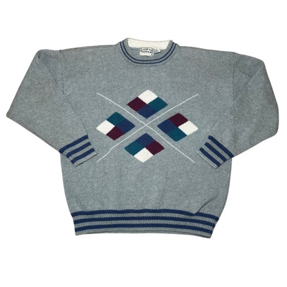 Vintage‎ 90s Cotton Traders Mens XL Grey Argyle Knit Pullover Sweater Grandpa